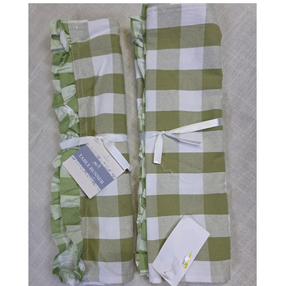 2 Green Gingham Checkered Table Runner with Ruffle Edge Fmhouse Sage White 72x13